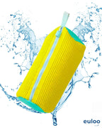 Yellow and green euloo™ laundry shoe bag with water splashes on a white background, featuring the brand .